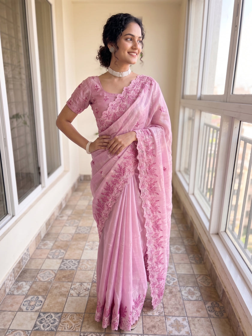 Pink Jimmy Choo Floral Embroidery Saree Styled by Soumya