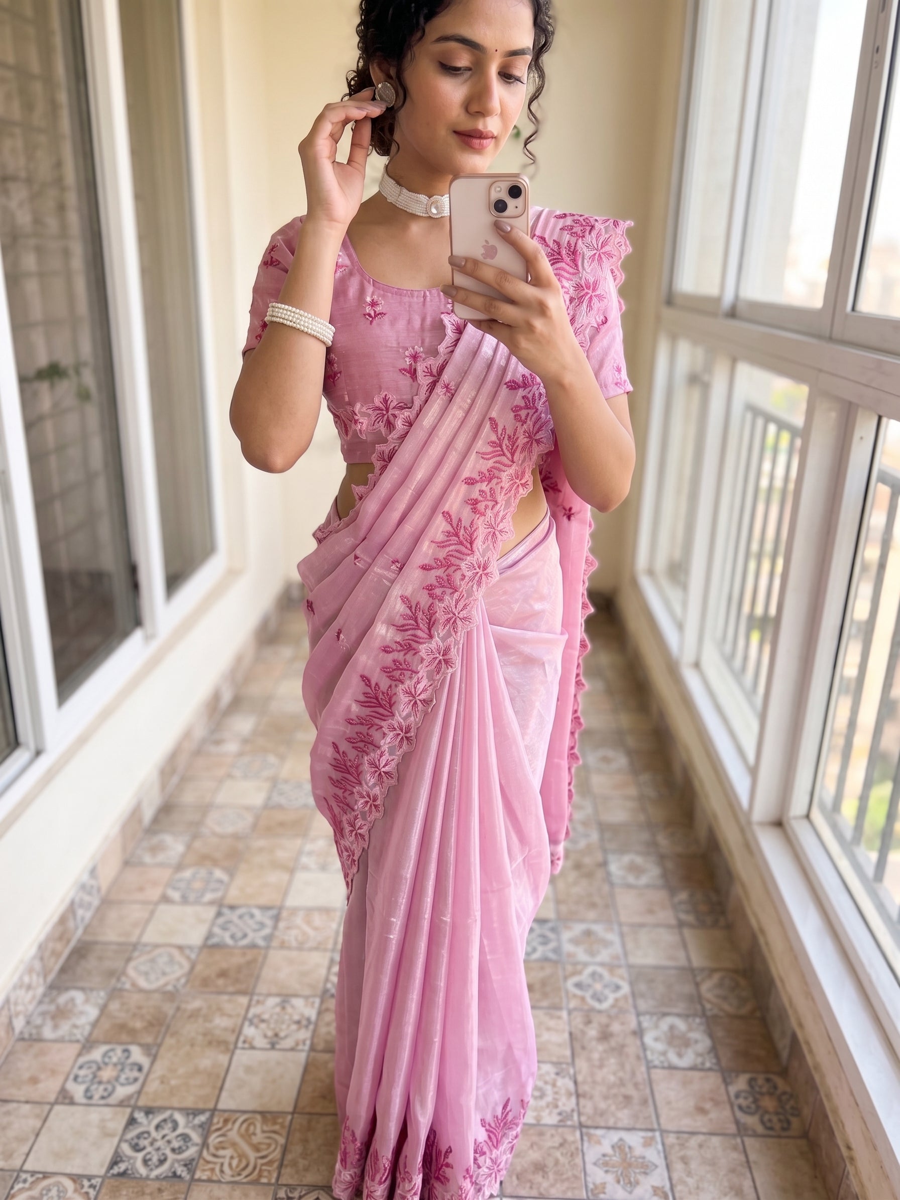 Pink Jimmy Choo Floral Embroidery Saree Styled by Soumya