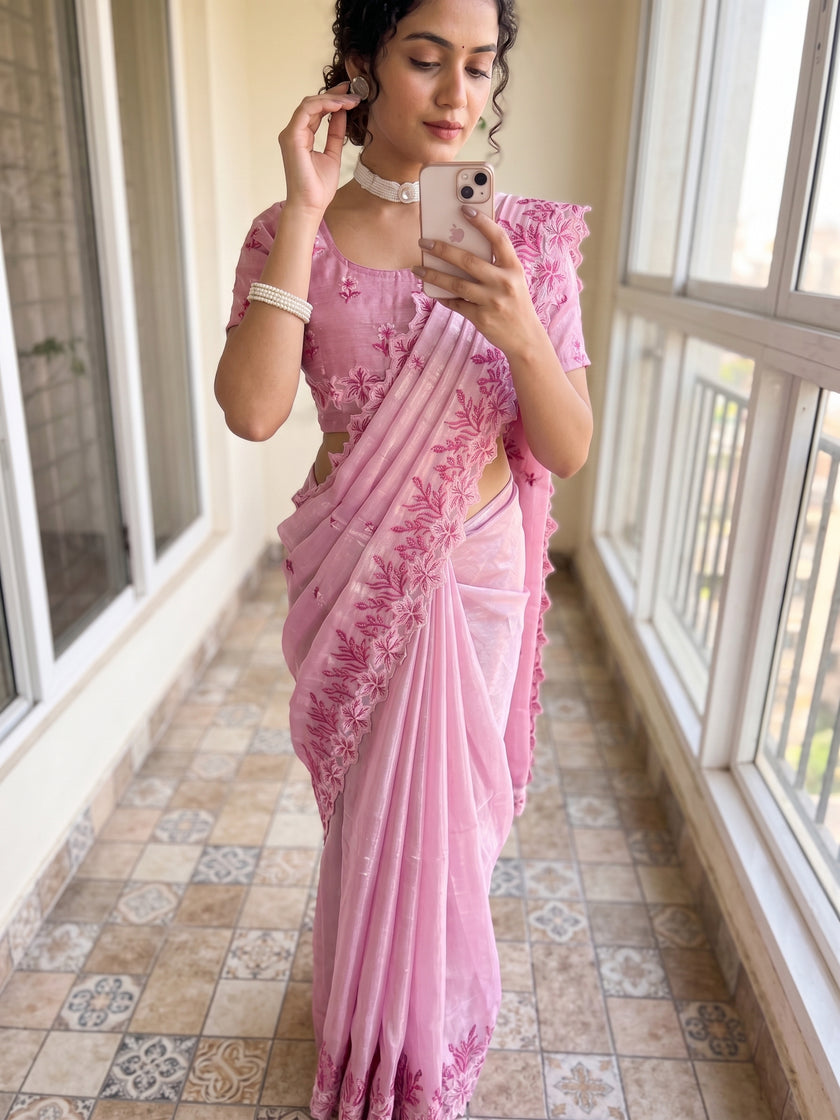Pink Jimmy Choo Floral Embroidery Saree Styled by Soumya