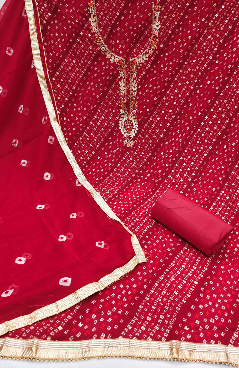 Red Jamdani Cotton Bandhani Unstitched Suit Set