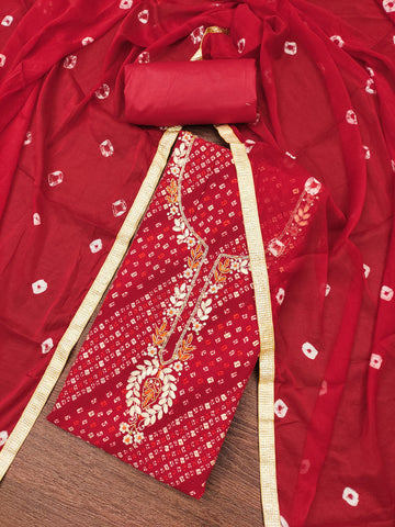 Red Jamdani Cotton Bandhani Unstitched Suit Set