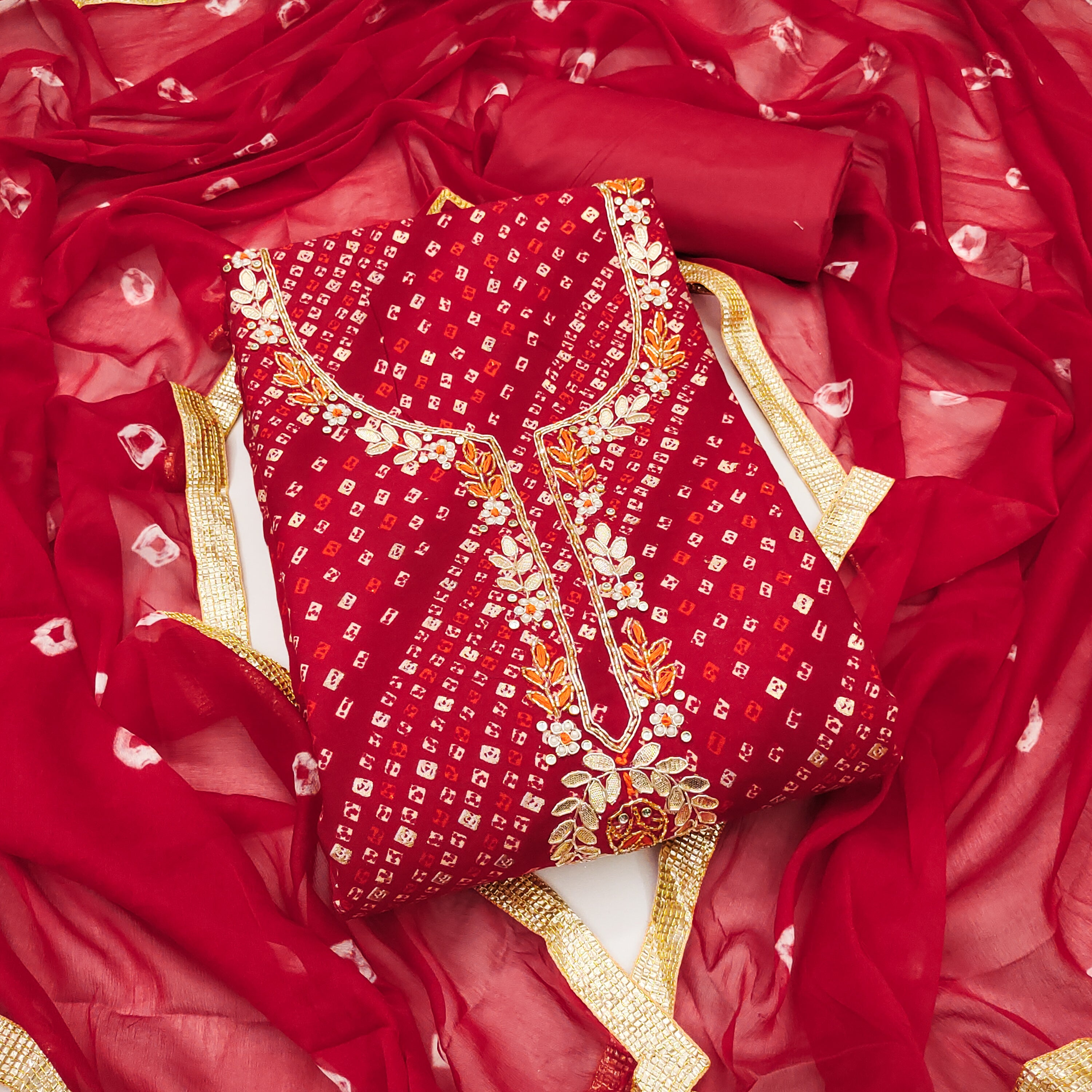 Red Jamdani Cotton Bandhani Unstitched Suit Set