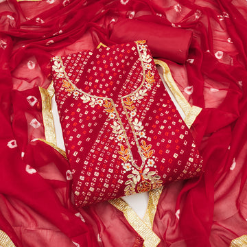Red Jamdani Cotton Bandhani Unstitched Suit Set