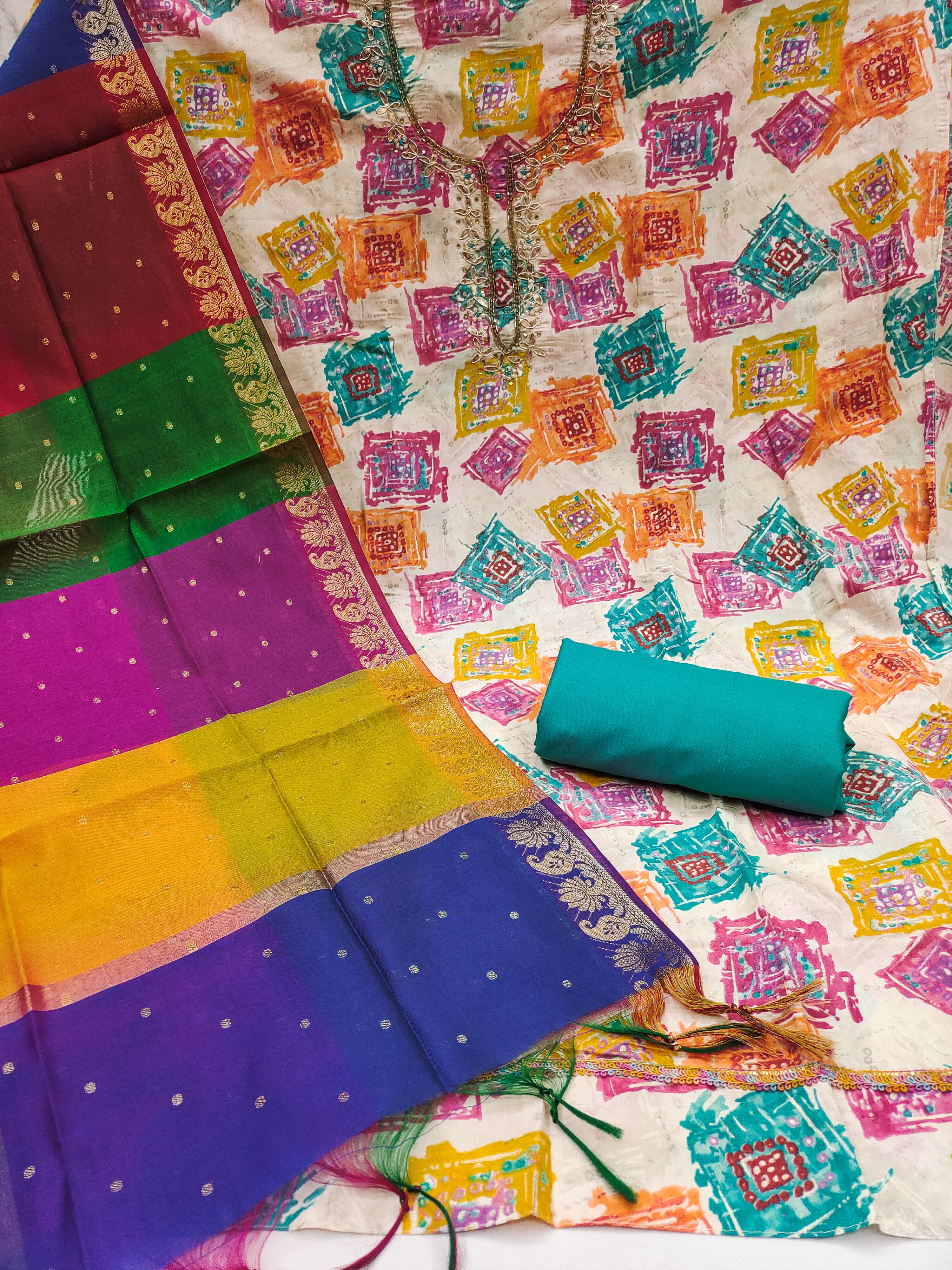 Printed Cotton unstitched suit For women in white Color