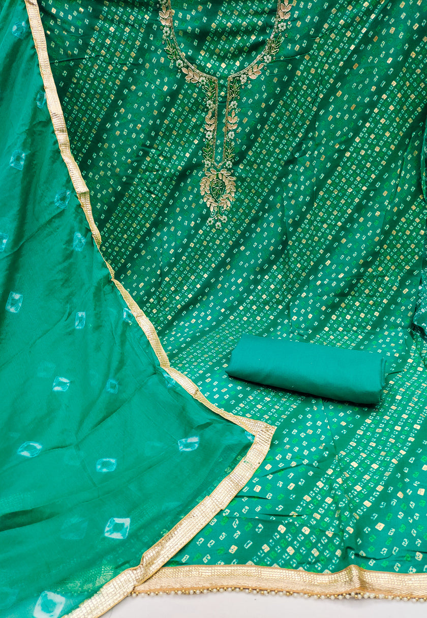 Green Jamdani Cotton Bandhani Unstitched Suit Set