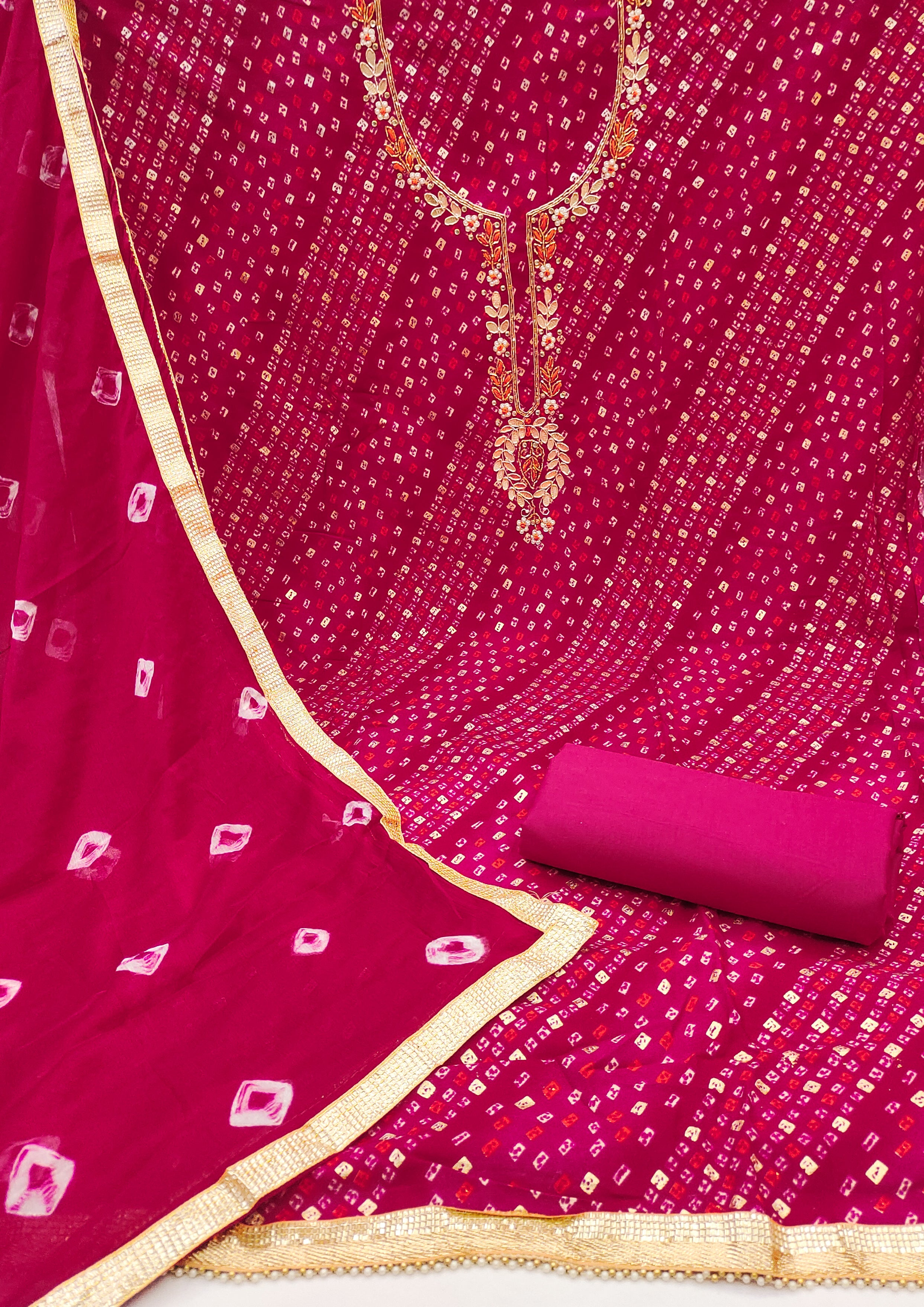 Rani Pink Jamdani Cotton Bandhani Unstitched Suit Set