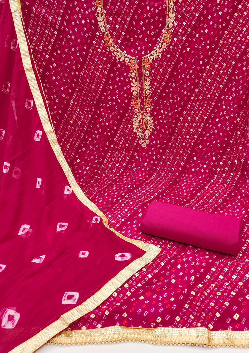 Rani Pink Jamdani Cotton Bandhani Unstitched Suit Set