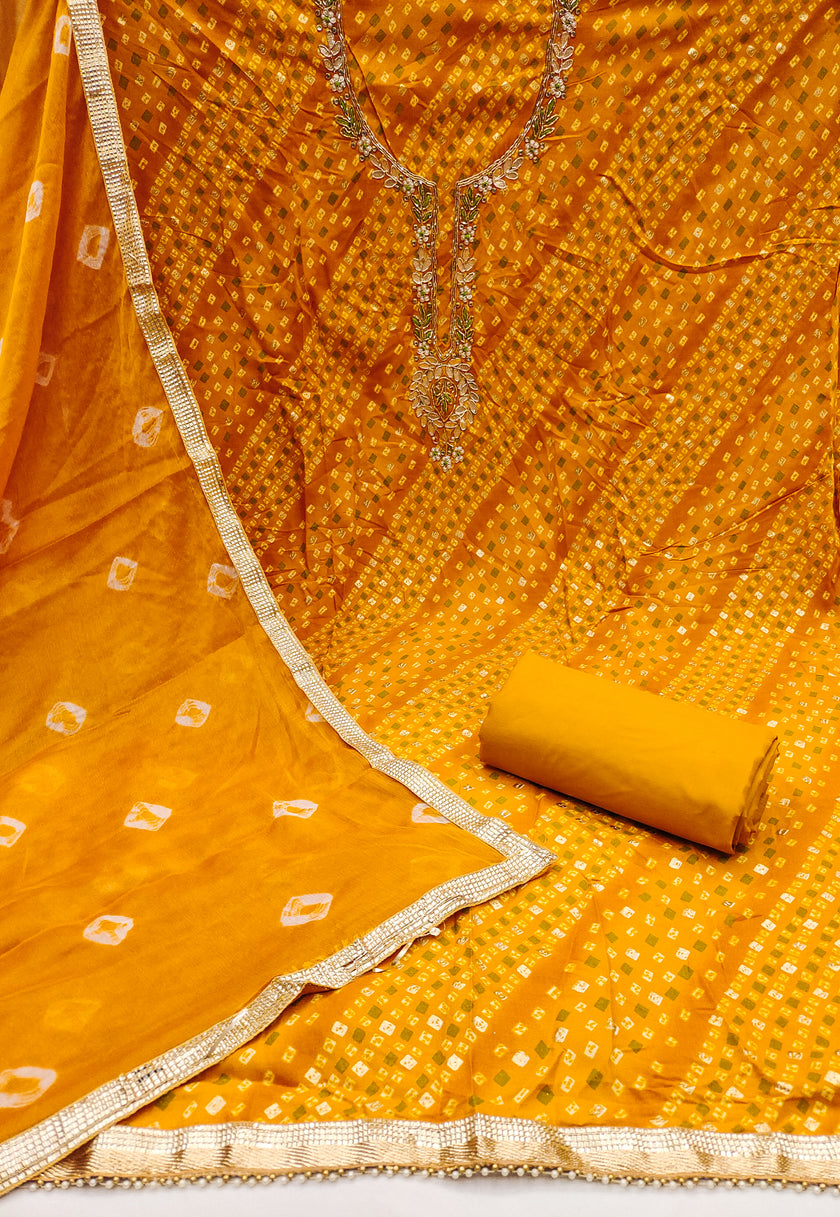 Yellow Jamdani Cotton Bandhani Unstitched Suit Set