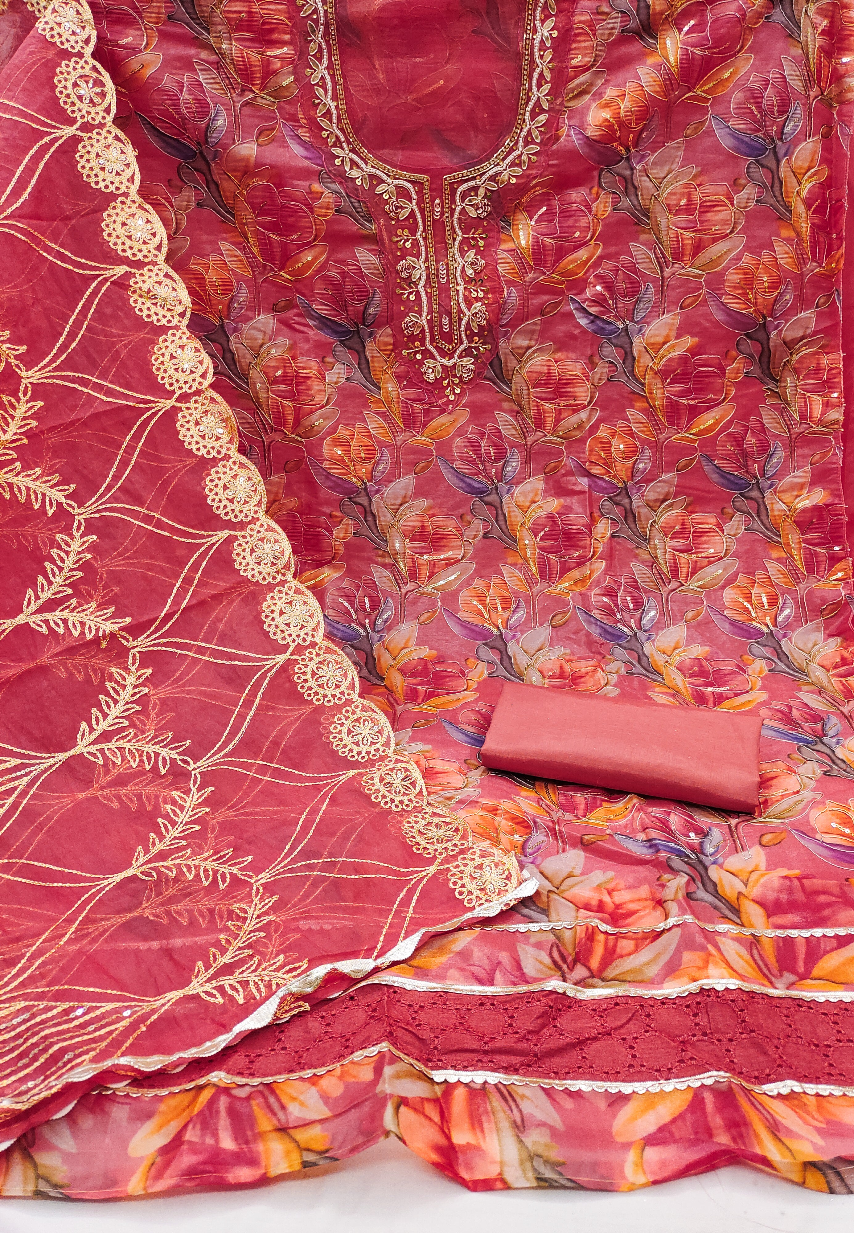 Red Organza Handworked Position Print Unstitched Suit
