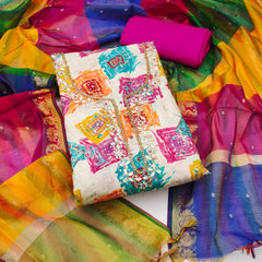 white Printed Cotton unstitched suit set For Navratri Nights