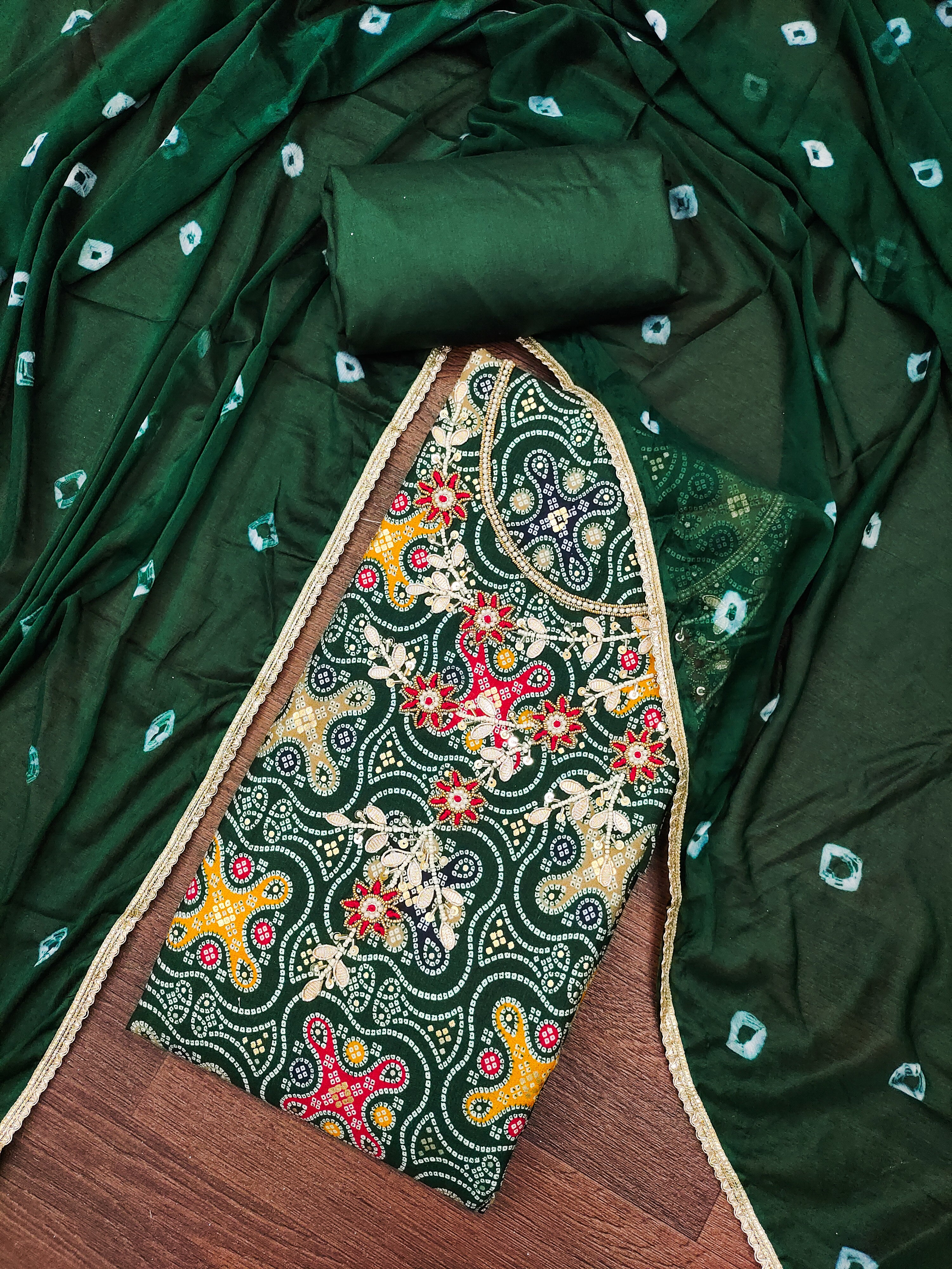 Dark Green Bandhani Print on Cotton Unstitched Suit