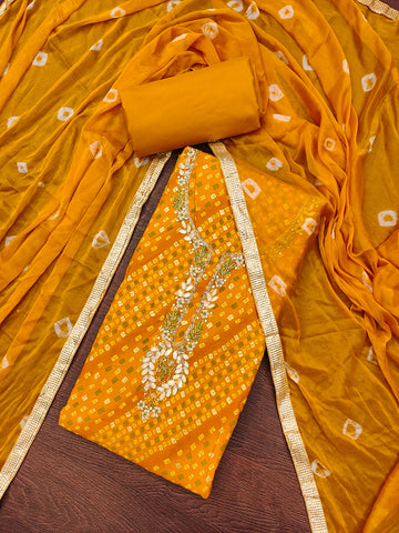 Yellow Jamdani Cotton Bandhani Unstitched Suit Set
