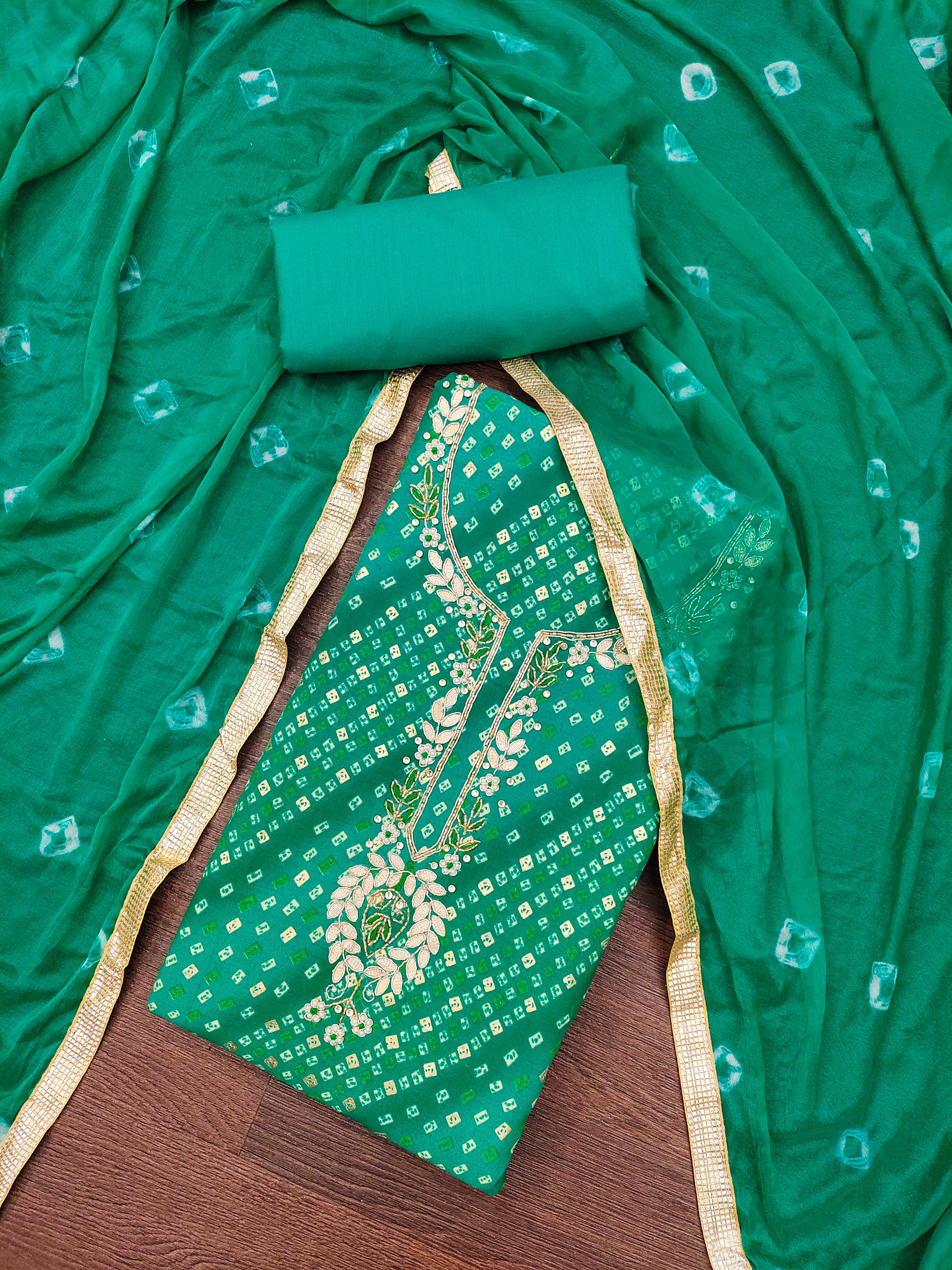Green Jamdani Cotton Bandhani Unstitched Suit Set