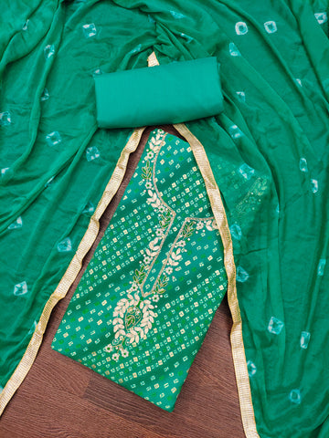 Green Jamdani Cotton Bandhani Unstitched Suit Set