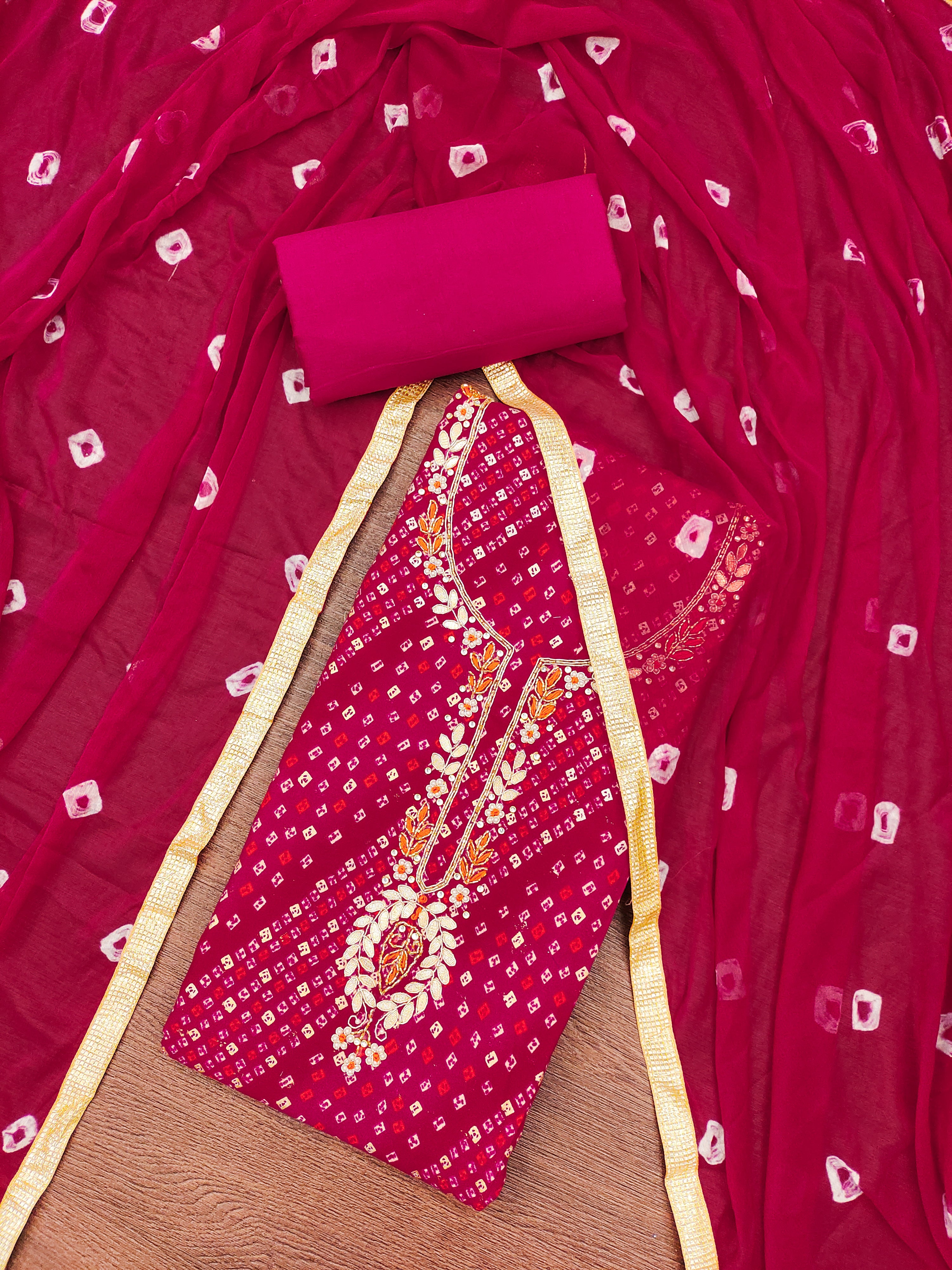 Rani Pink Jamdani Cotton Bandhani Unstitched Suit Set