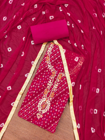 Rani Pink Jamdani Cotton Bandhani Unstitched Suit Set