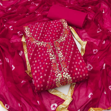 Rani Pink Jamdani Cotton Bandhani Unstitched Suit Set