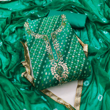 Green Jamdani Cotton Bandhani Unstitched Suit Set