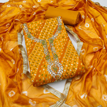 Yellow Jamdani Cotton Bandhani Unstitched Suit Set