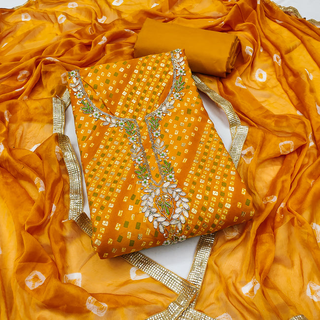Yellow Jamdani Cotton Bandhani Unstitched Suit Set