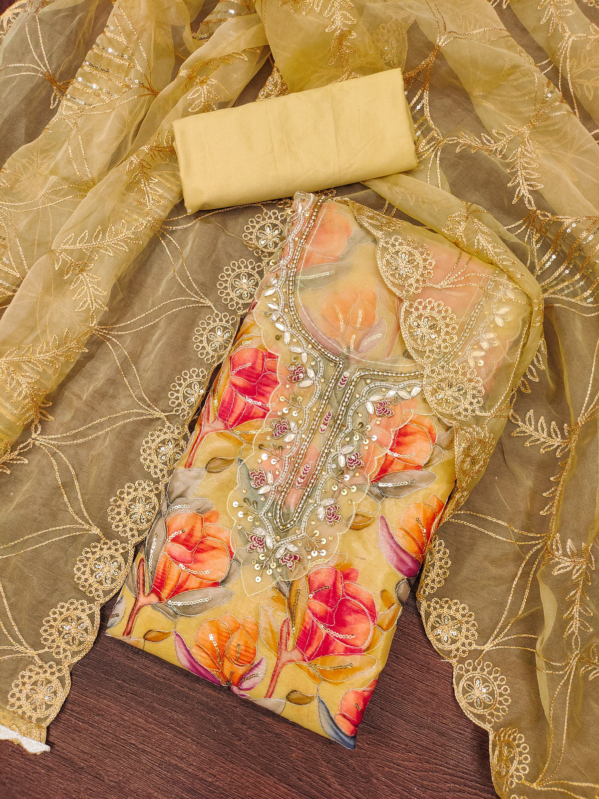 Light Yellow Organza Handworked Position Print Unstitched Suit