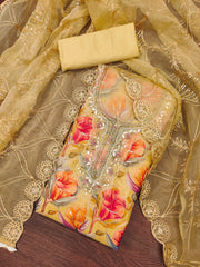 Light Yellow Organza Handworked Position Print Unstitched Suit