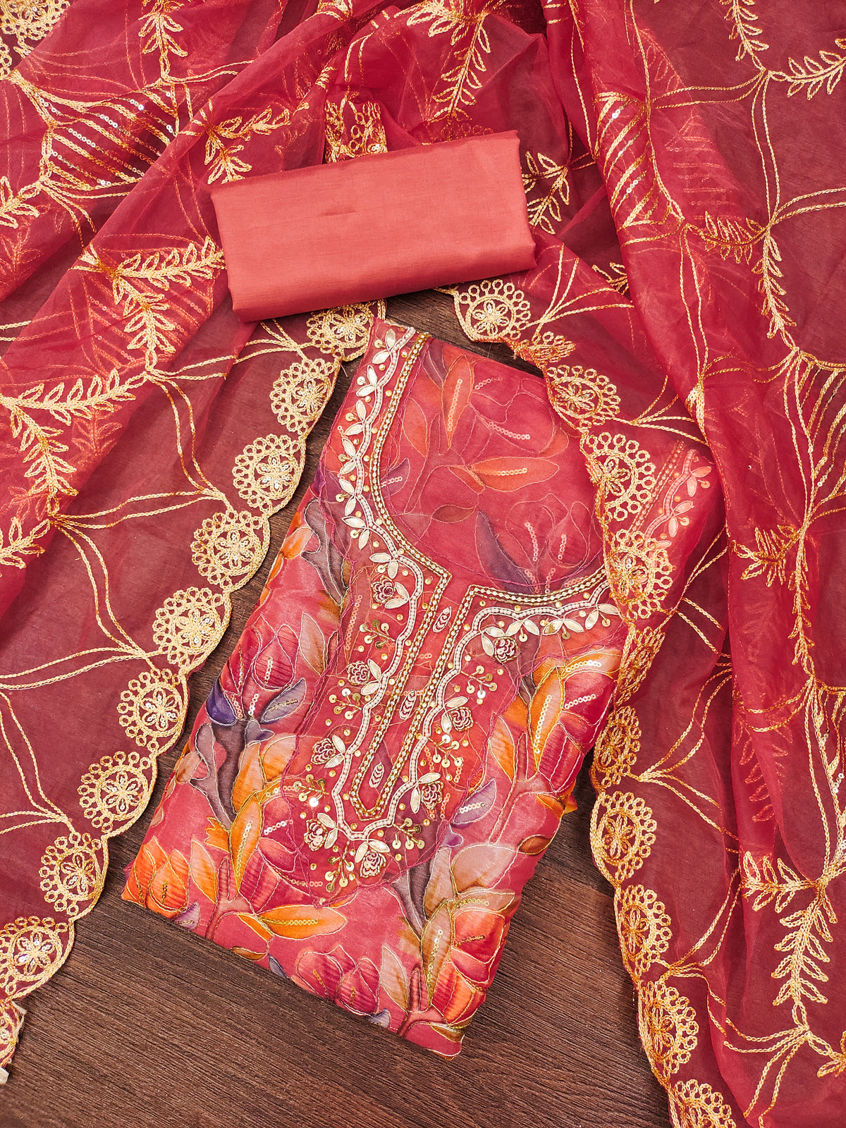 Red Organza Handworked Position Print Unstitched Suit