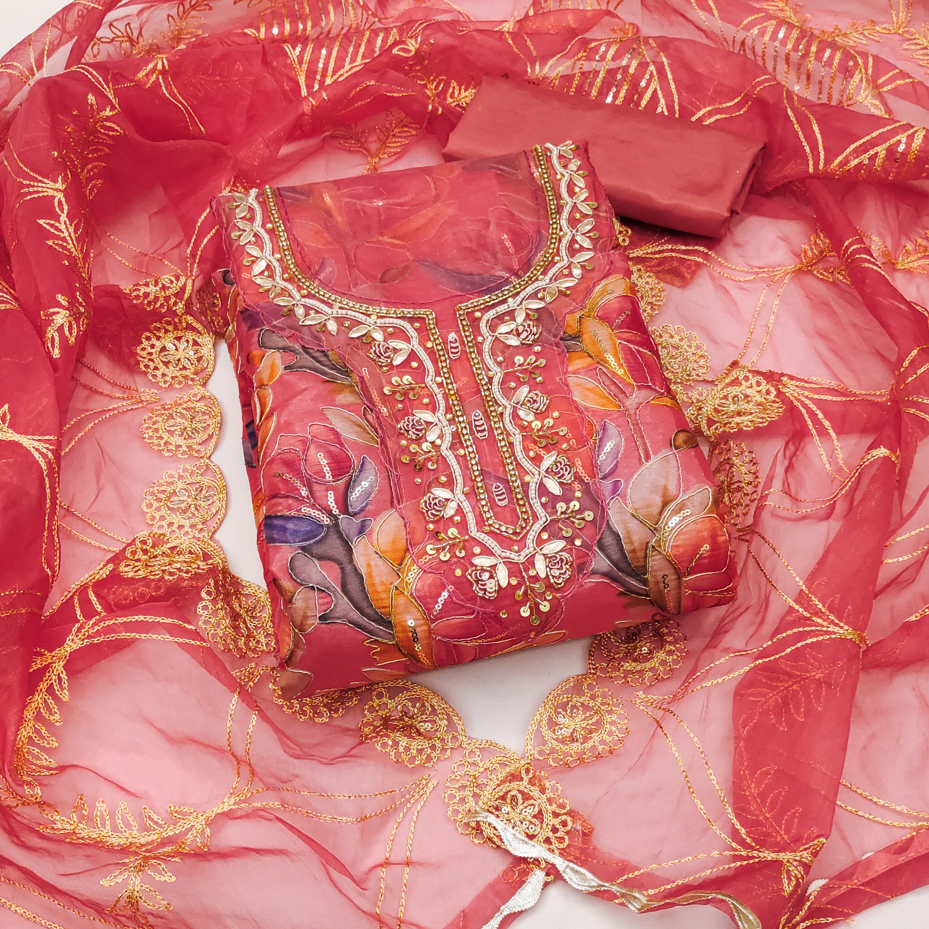 Red Organza Handworked Position Print Unstitched Suit