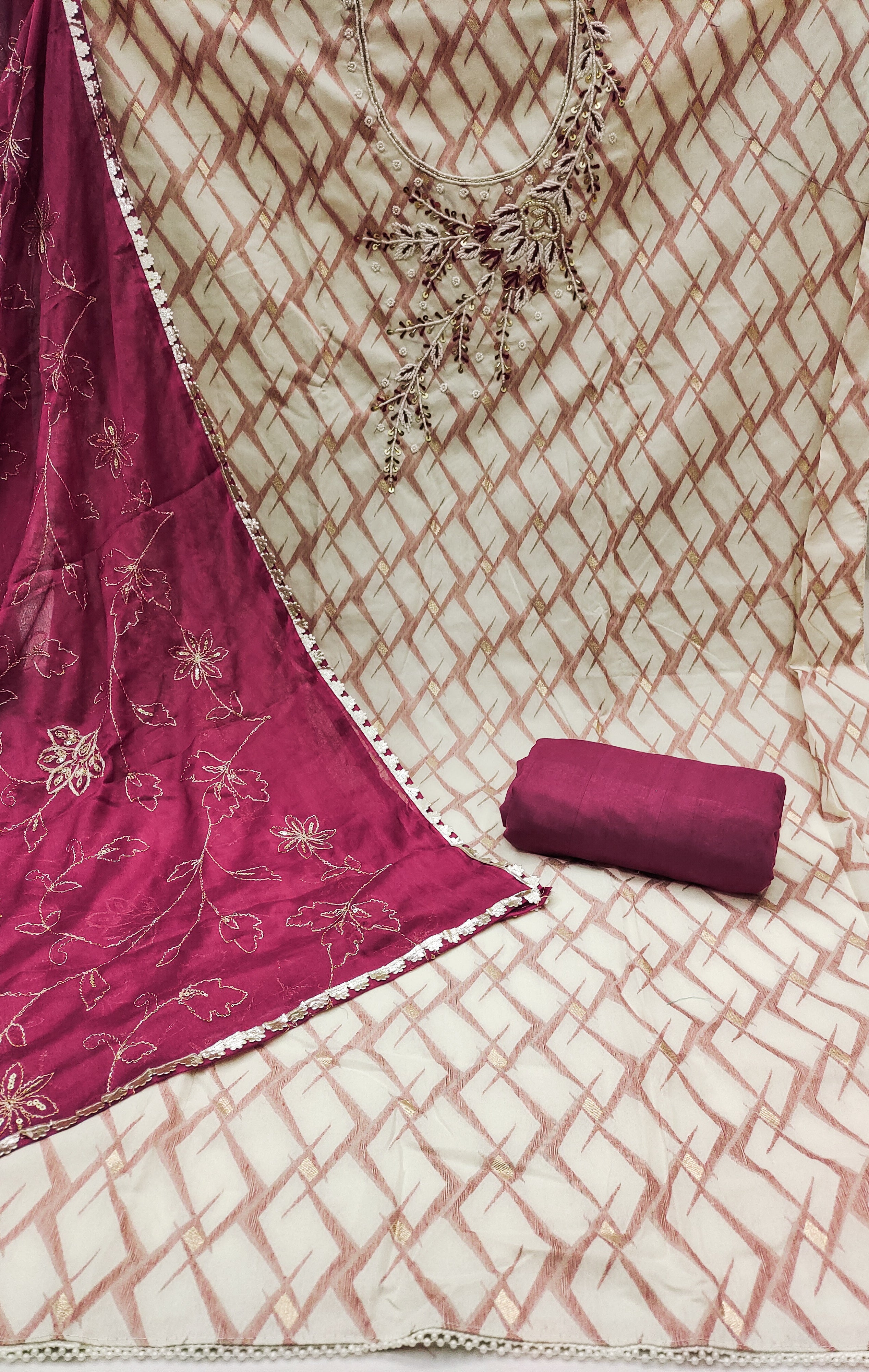 Wine and White Floral Cotton Banarasi Handwork Unstitched Suit