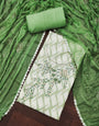 Green and White Floral Cotton Banarasi Handwork Unstitched Suit