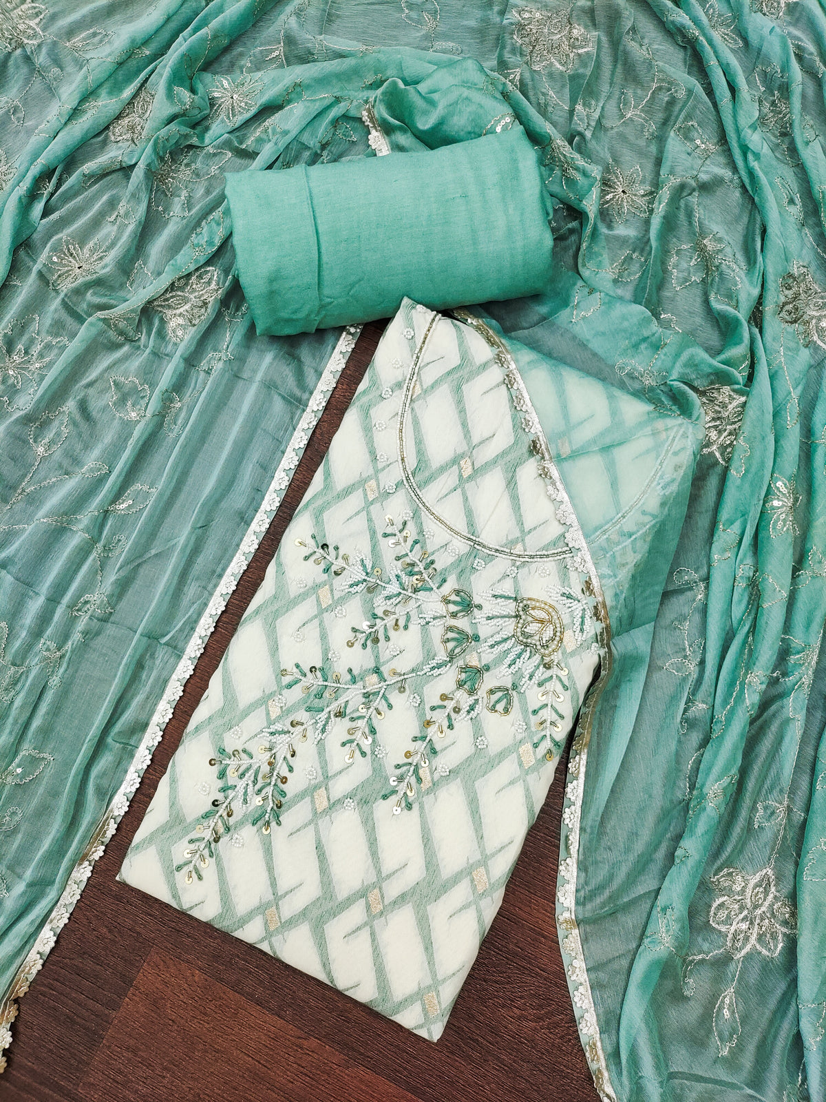 Blue and White Floral Cotton Banarasi Handwork Unstitched Suit