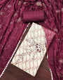 Wine and White Floral Cotton Banarasi Handwork Unstitched Suit