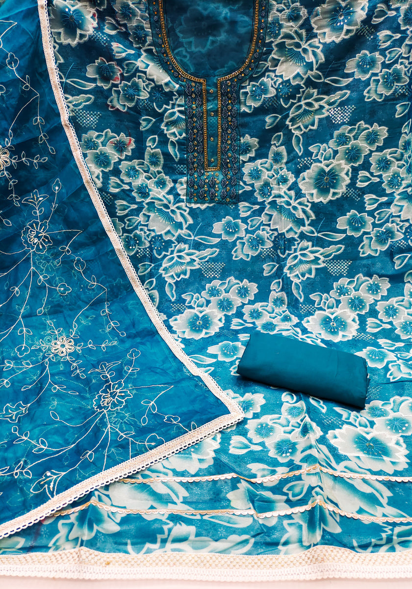 Blue Organza Unstitched Suit Set