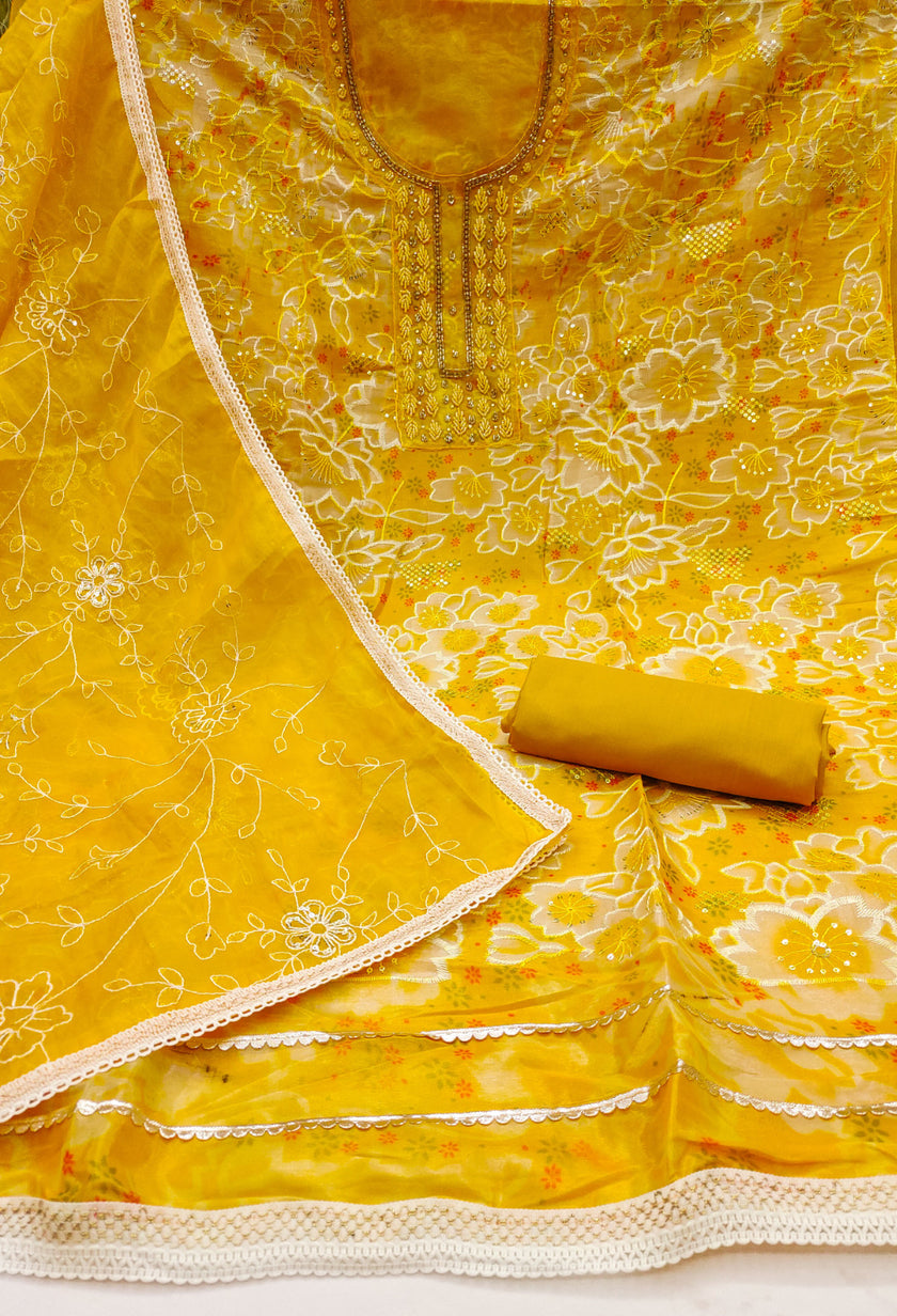 Yellow Organza Unstitched Suit Set