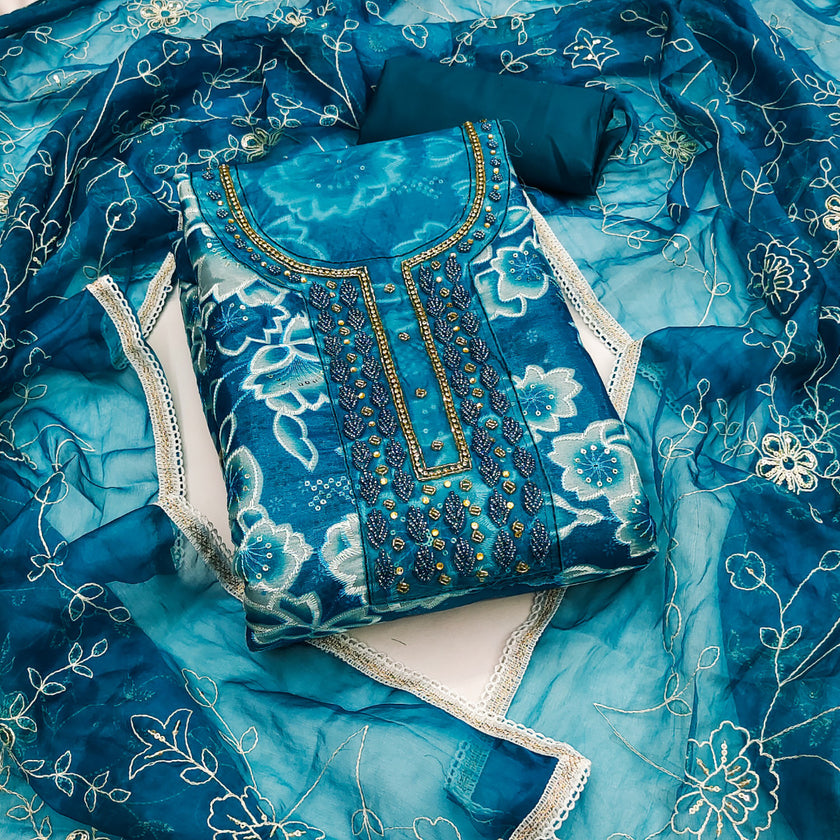 Blue Organza Unstitched Suit Set