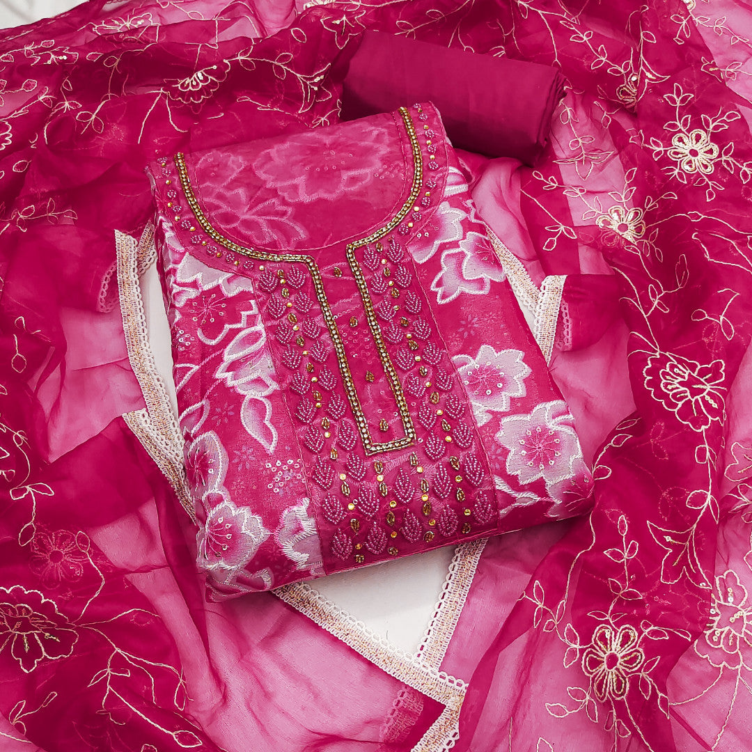 Rani Pink Organza Unstitched Suit Set