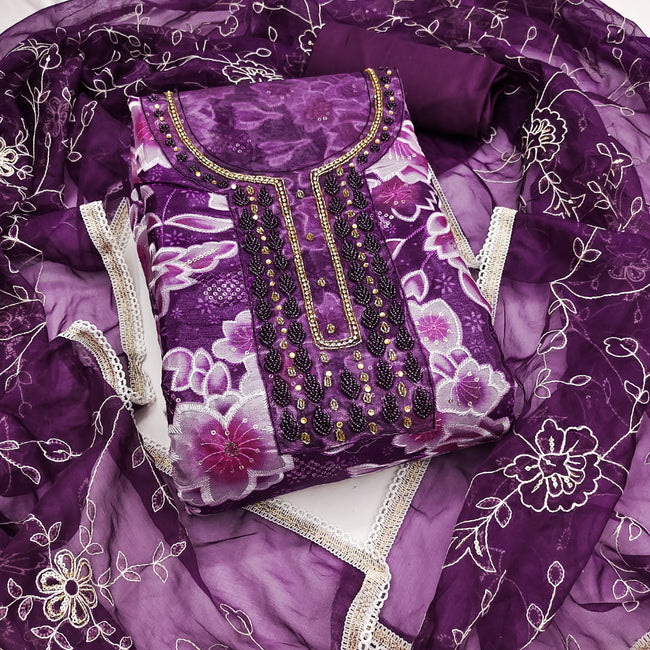Purple Organza Unstitched Suit Set
