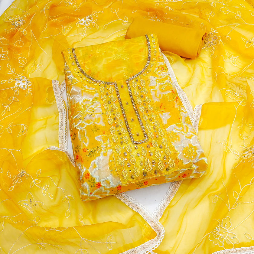 Yellow Organza Unstitched Suit Set