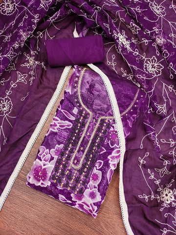 Purple Organza Unstitched Suit Set