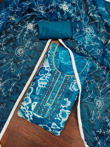 Blue Organza Unstitched Suit Set