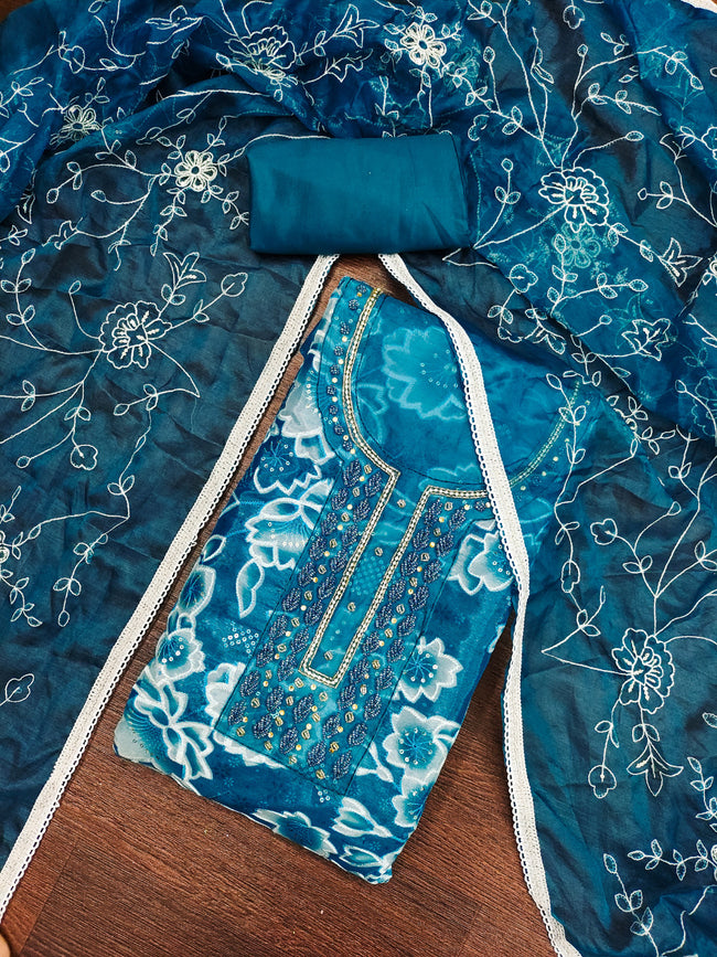 Blue Organza Unstitched Suit Set
