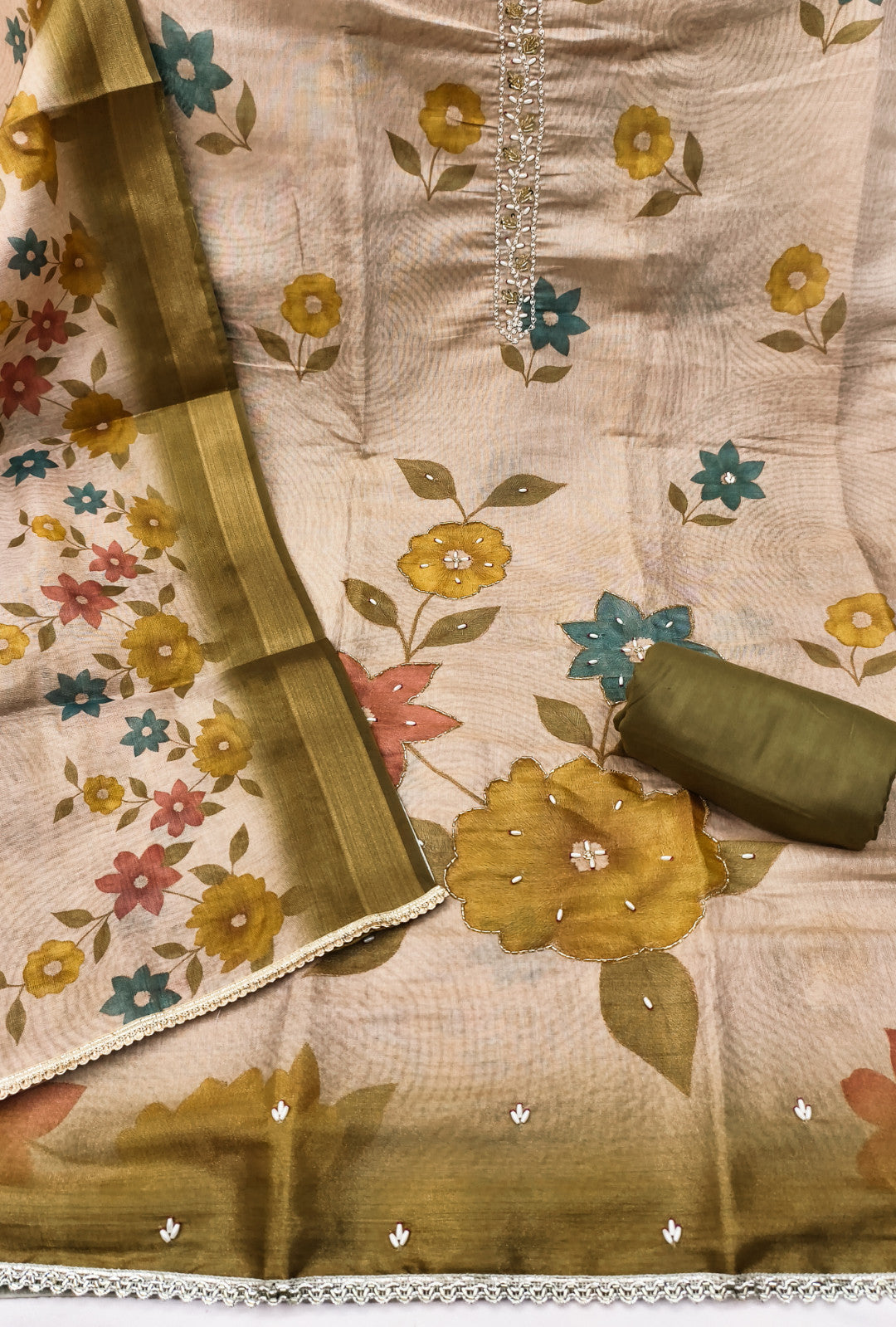 Mustard - Beige Floral Cotton Silk Unstitched Suit Set