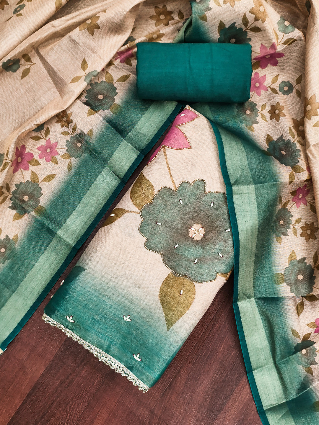 Blue - Beige Floral Cotton Silk Unstitched Suit Set