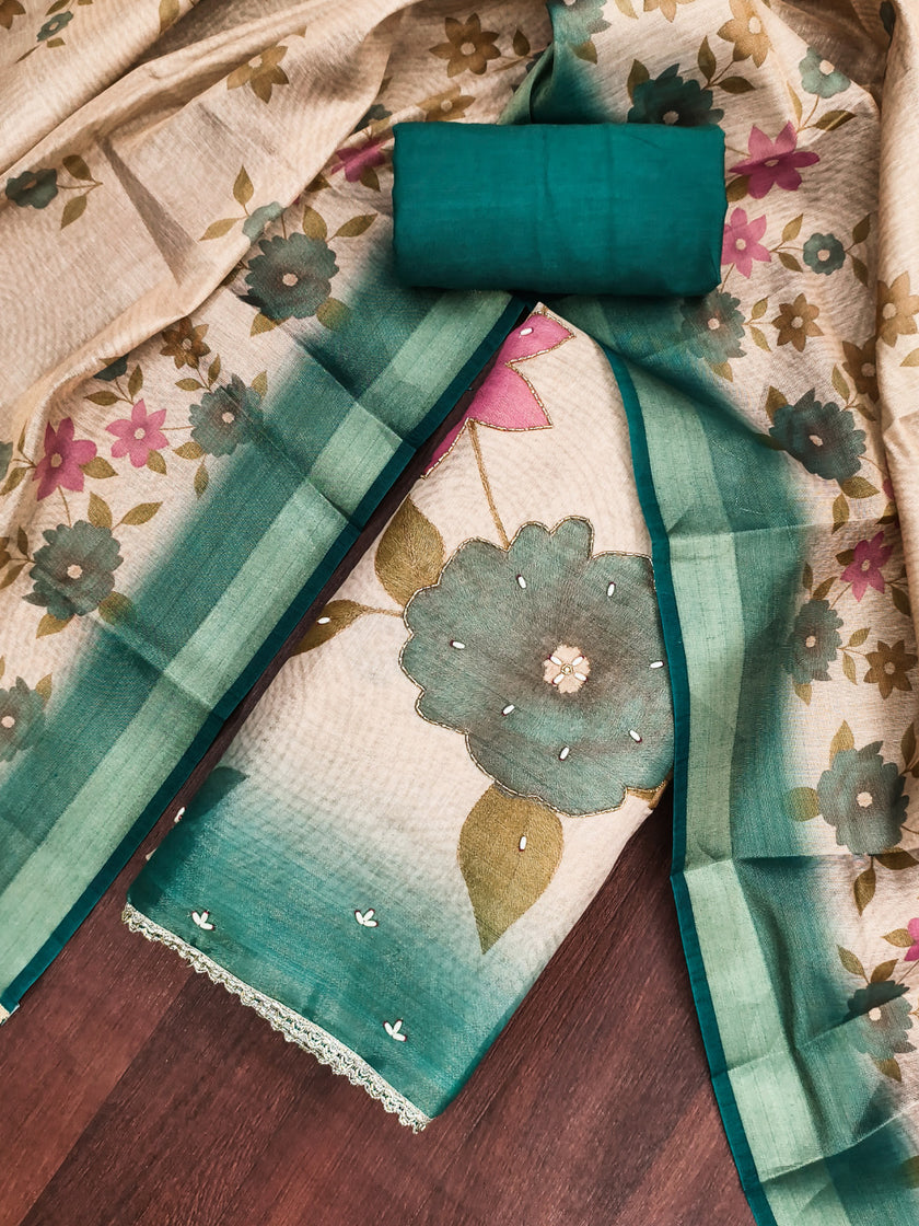 Blue - Beige Floral Cotton Silk Unstitched Suit Set