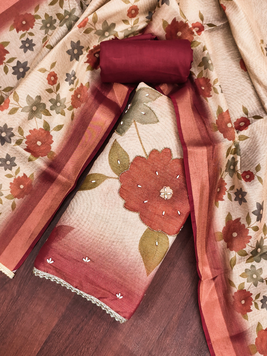 Maroon - Beige Floral Cotton Silk Unstitched Suit Set