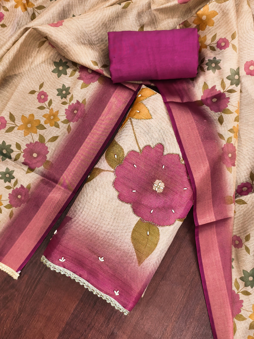 Pink - Beige Floral Cotton Silk Unstitched Suit Set