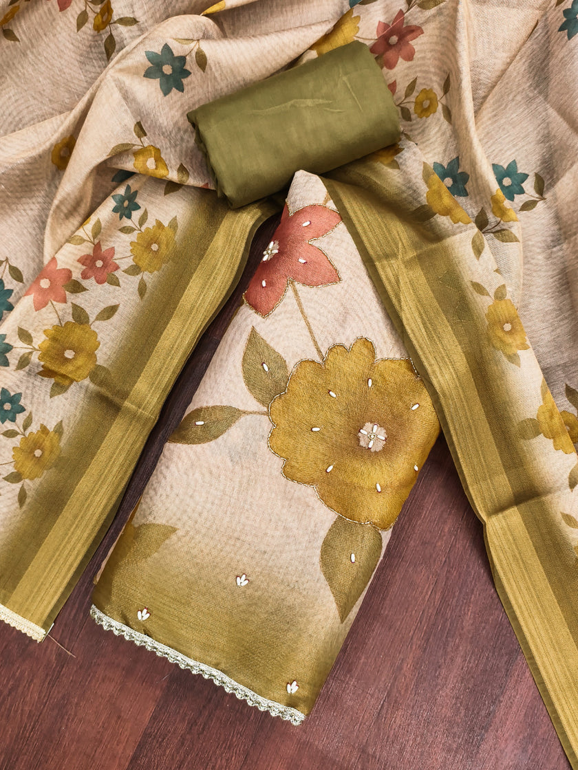 Mustard - Beige Floral Cotton Silk Unstitched Suit Set