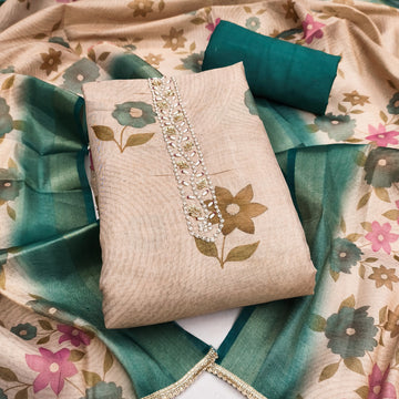 Blue - Beige Floral Cotton Silk Unstitched Suit Set