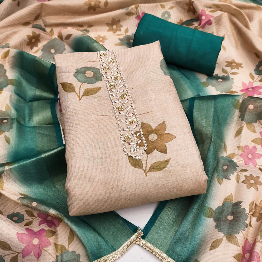 Blue - Beige Floral Cotton Silk Unstitched Suit Set