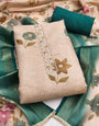 Blue - Beige Floral Cotton Silk Unstitched Suit Set